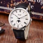 Perfect Replica Piaget White Roman Face Black Leather Strap 42mm Watch